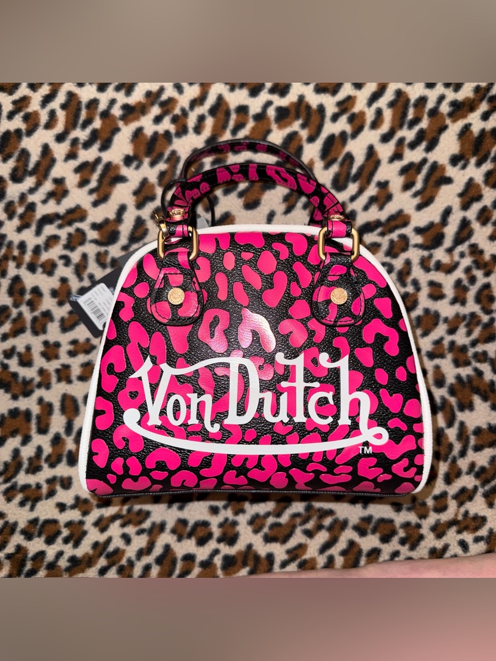 NWT Von Dutch Cheetah Hot Pink Bowling Bag W. Free Chain Bag Charms